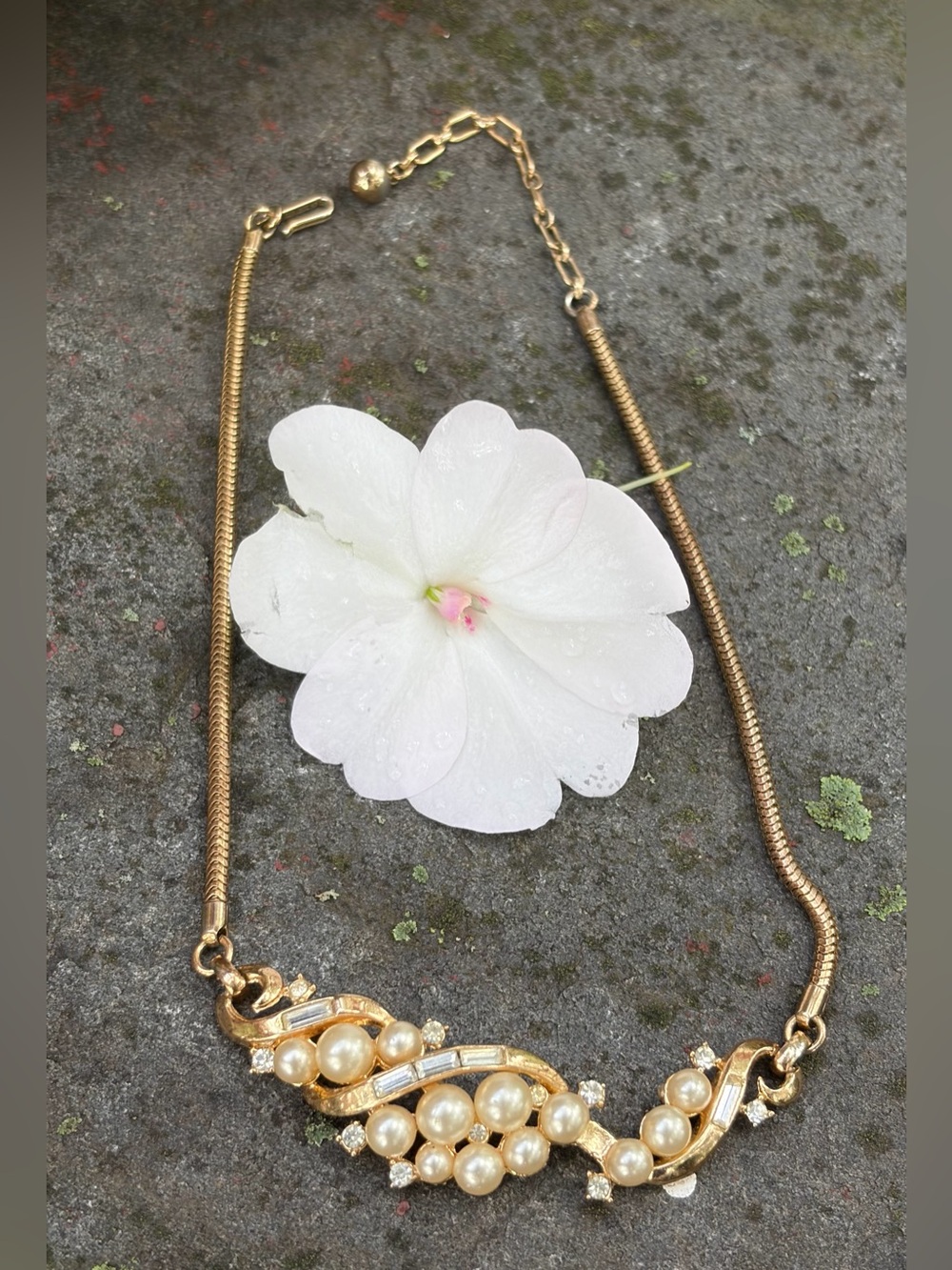 1950s Trifari Pearl & Baguette Rhine Leafy Scroll Choker Necklace w Side Chains
